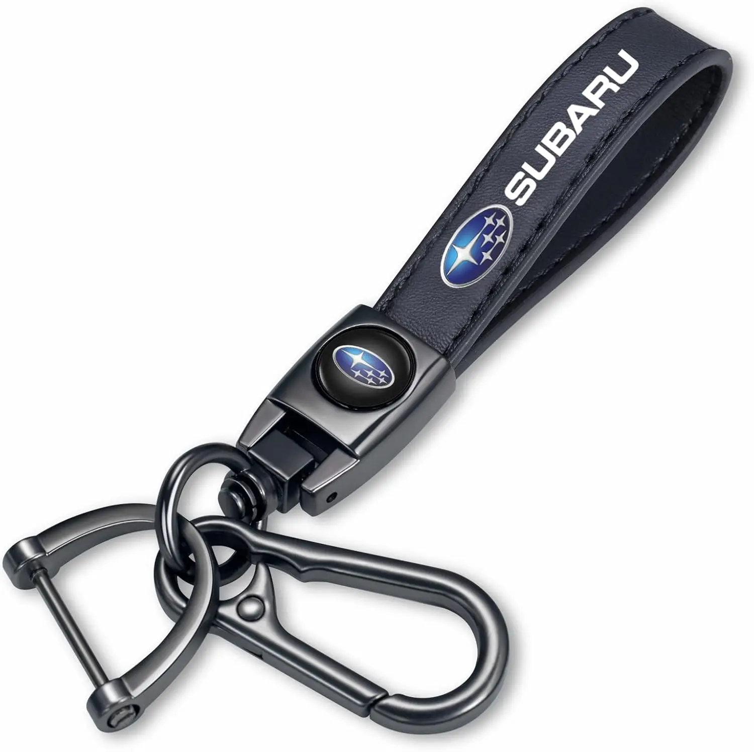 Genuine Leather Car Keychain for SUBARU，360° Swivel Key Holder with Detachable Clip and D-Ring, Keyring Lanyard Accessory, Gift for Men and Women