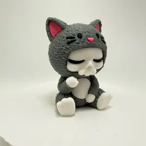 Kitty Grim Statue - Gray Cat with Pink Ears and White Paws Collectible Figurine