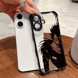 Death Note Cartoon Grim Reaper Design Phone Case Suitable for iPhone 16, 16e, 15, 14, 13, 12 Mini, 11 Pro Max, X, XR, XS Max, 8, 7, e Plus - Black Frame Anti-Drop Transparent Back Cover Premium Business Creative Luxury