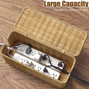Handwoven Rattan Desktop Cable Management Box Cover, Plastic Wire Organizer, Hidden Socket Plug Box, Natural Look Workspace Solution