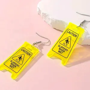 Slippery When Wet Caution Sign Earrings Funny and Bold Hook Earrings for Humorous Jewelry Collection