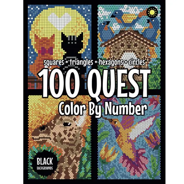 100 QUEST Color By Number Activity Book for Adults with Black Backgrounds Featuring Squares, Triangles, Hexagons & Circles