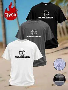3-Pack Rammstein Band Print T-Shirts for Men, Summer Breathable Round Neck Short Sleeve, Casual Rock Merchandise, Slim Fit Geometric Pattern