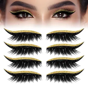 Lazy Eye Shadow Eyelash Patch, 3-in-1 Reusable Eyeshadow, 4 Pairs Natural Waterproof Eyelashes Makeup Stickers Instant,Colorful Eyelash Makeup Stickers, for All Eye Shapes (Gold)