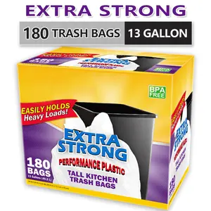 Xtratuff Basics Trash Bags 13 Gallon Flap Ties Tall Kitchen Garbage Bags White Trash Bag 180 Count BPA FREE Strong Rubbish Bag