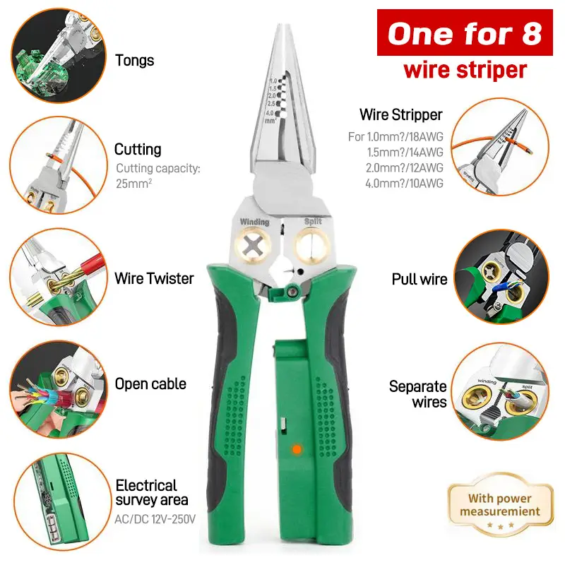 8-in-1 Wire Stripper, Hot Wire Judgment AC DC, 12V to 250V Live, Audible and Flashing LED Alarms, Cutting and Pulling Wires, Cable Scissors, Voltage T