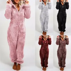 Women’s Thick Plush Sleep Romper with Bear Ear Hat, Long Sleeve Zip-Up Hooded Jumpsuit for Autumn, Winter