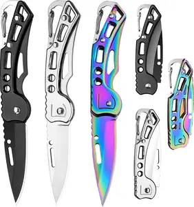 3 Pack Pocket Knife, Folding Knife with Keychain, Self Defense Knife for Women & Men, Stainless Steel Small Sharp Pocket Knife, Carabiner Knife for Outdoor Camping Hiking Mens Gift