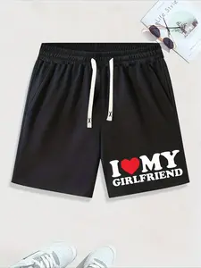 Men's and women's summer street style Streetwear casual Athletic shorts, Fashion, Valentine's Day gift, featuring a print slogan “I love my girlfriend” Stylish, simple, versatile, perfect for couples, suitable for everyday wear and expressions of love