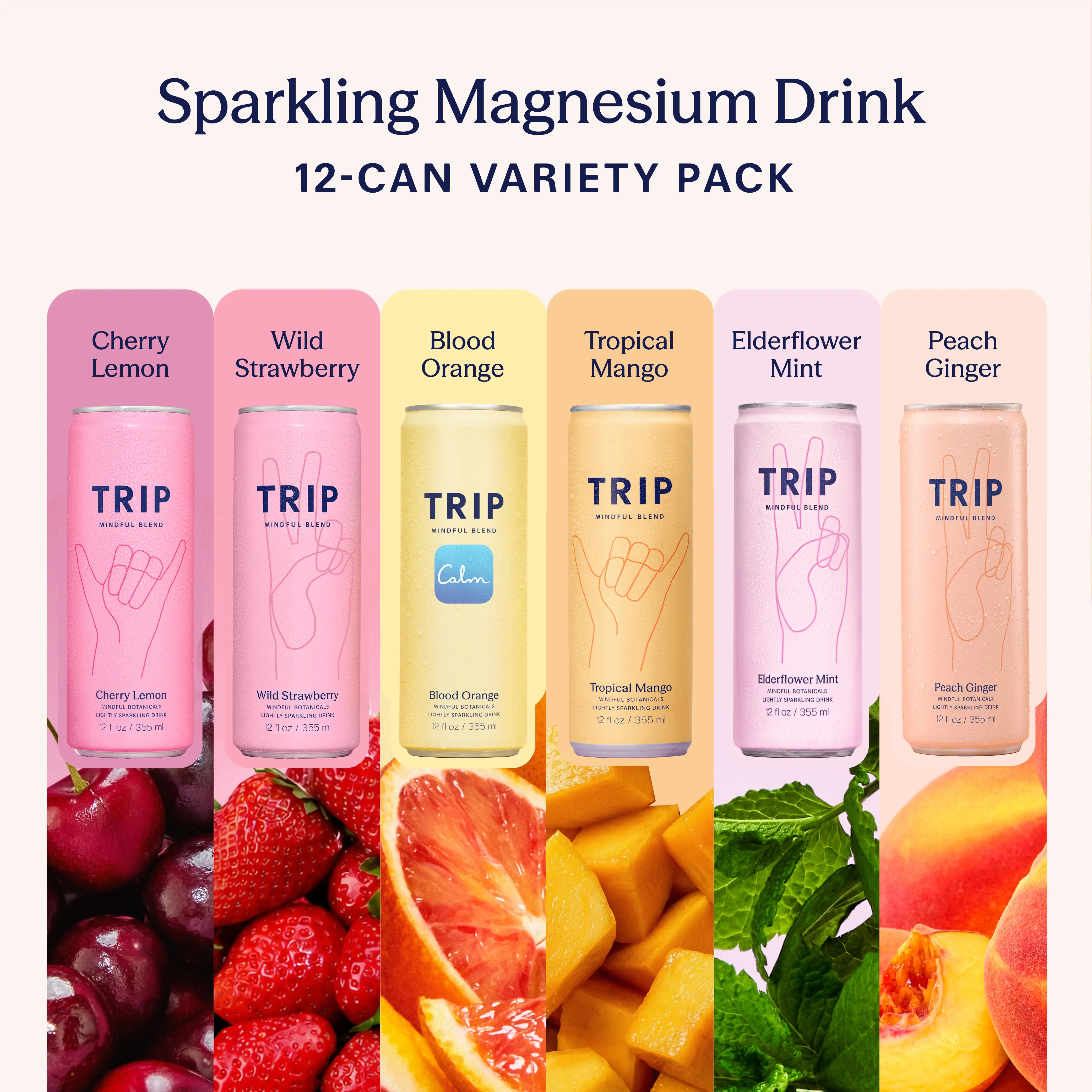 NEW - TRIP Ultimate Sampler Variety Pack Sparkling Magnesium Drink — 120mg Magnesium, Ashwagandha, Lion's Mane, L-Theanine, Non-Alcoholic, No Added Sugar, Vegan (12-Pack, 12oz)