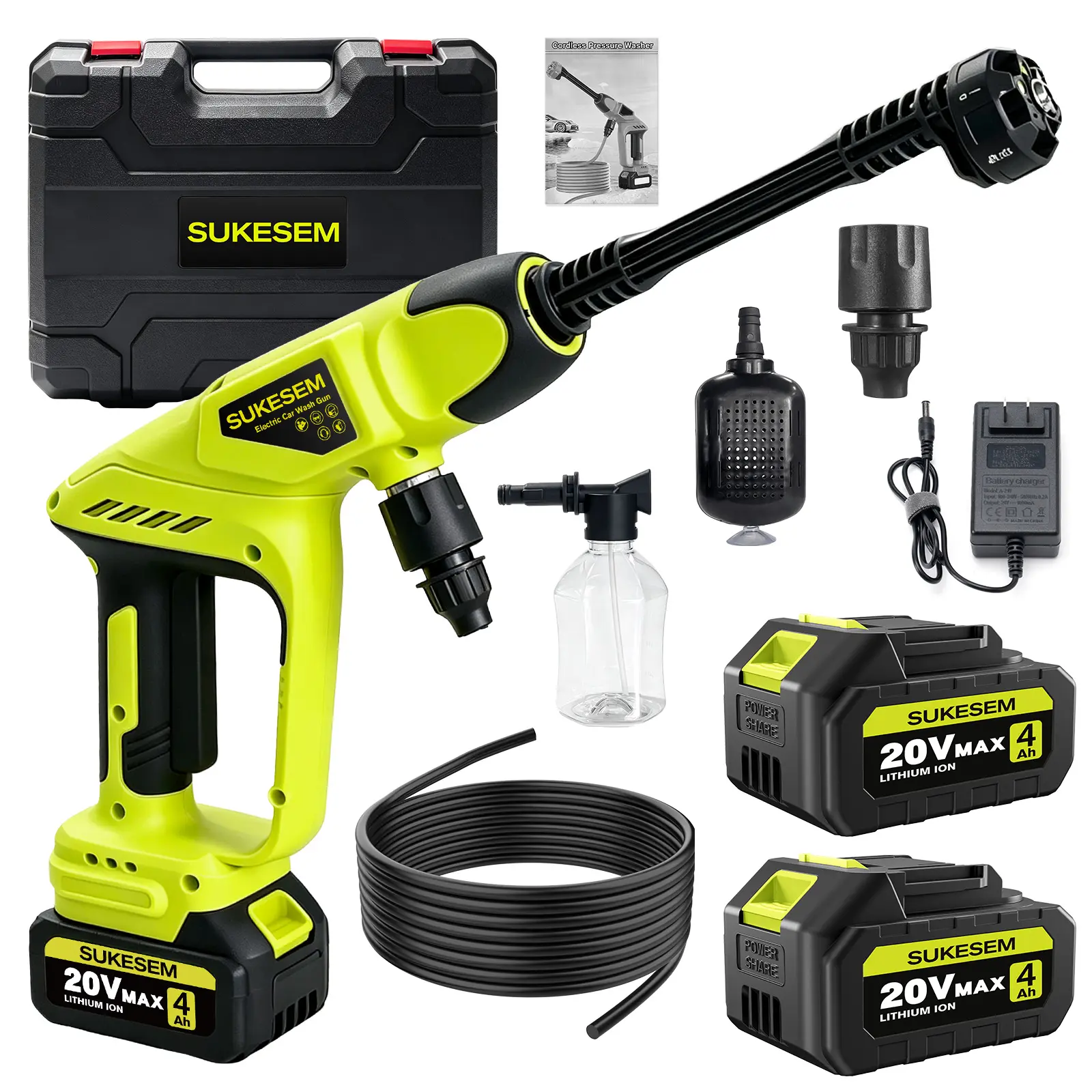 SUKESEM 20V Max Rechargeable Power Washer, 1100 PSI Max Cordless Portable Cleaner with Foam Cannon, Water Hose for Vehicle Clean, Patio Surfaces, Pressure Cleaning Machine, Cordless Pressure Washer