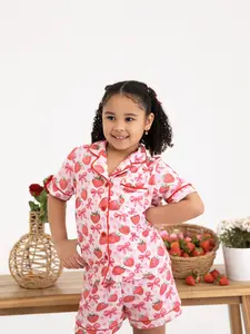 Spring Strawberry Bow Short Sleeve Shorts Pajama Set