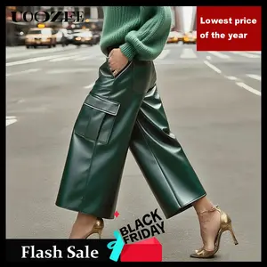 UOOZEE Women's 2025 Autumn Winter PU Leather Pockets High Waisted Straight Leg Ankle-Length Pants Loose Outfits for Commuting Ink Green Basic Casual Trousers Basic Ink Green Loose plus size outfits