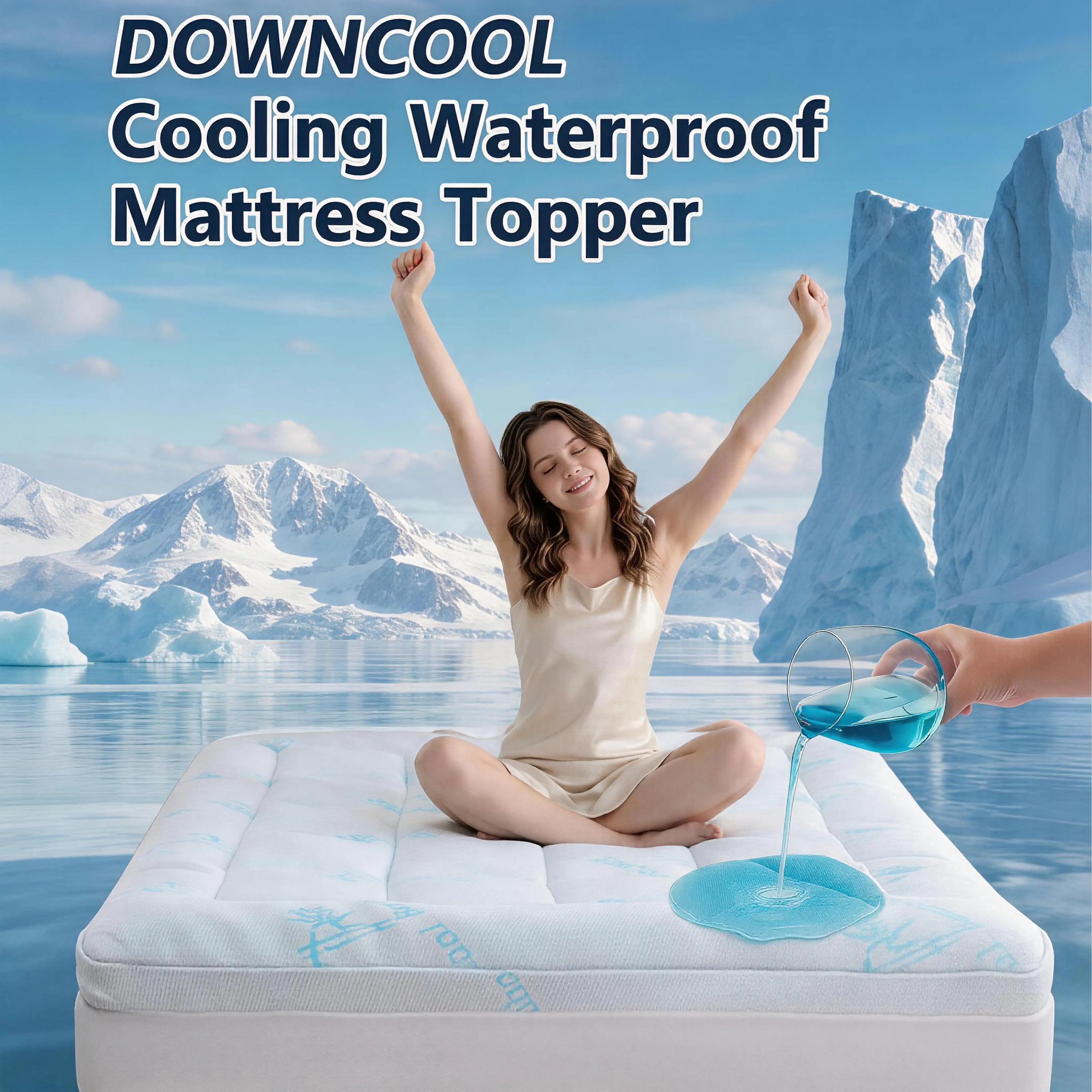 【Back to School】DOWNCOOL Cooling Bamboo Mattress Topper Queen Size – Breathable Ice Fiber Cover with Gel-Infused Memory Foam, Waterproof Pillow Top, Machine Washable – Hypoallergenic Soft Sleep Surface for Hot Sleepers