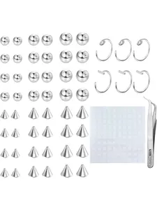 Non-Piercing Fake Eyebrow & Lip Labret Studs Set, Silver Color, 3/4/5mm Sizes, 100pcs Adhesive Included, Spike Design, Body Piercing Jewelry