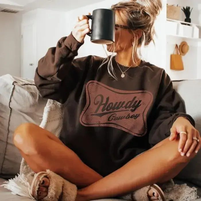 Howdy Cowboy Crewneck Sweatshirt, Western Yee Haw Sweater, Cowgirls Shirt, Country Cowboy Shirt, Southern Howdy Top - KitchenEra Casual Cotton