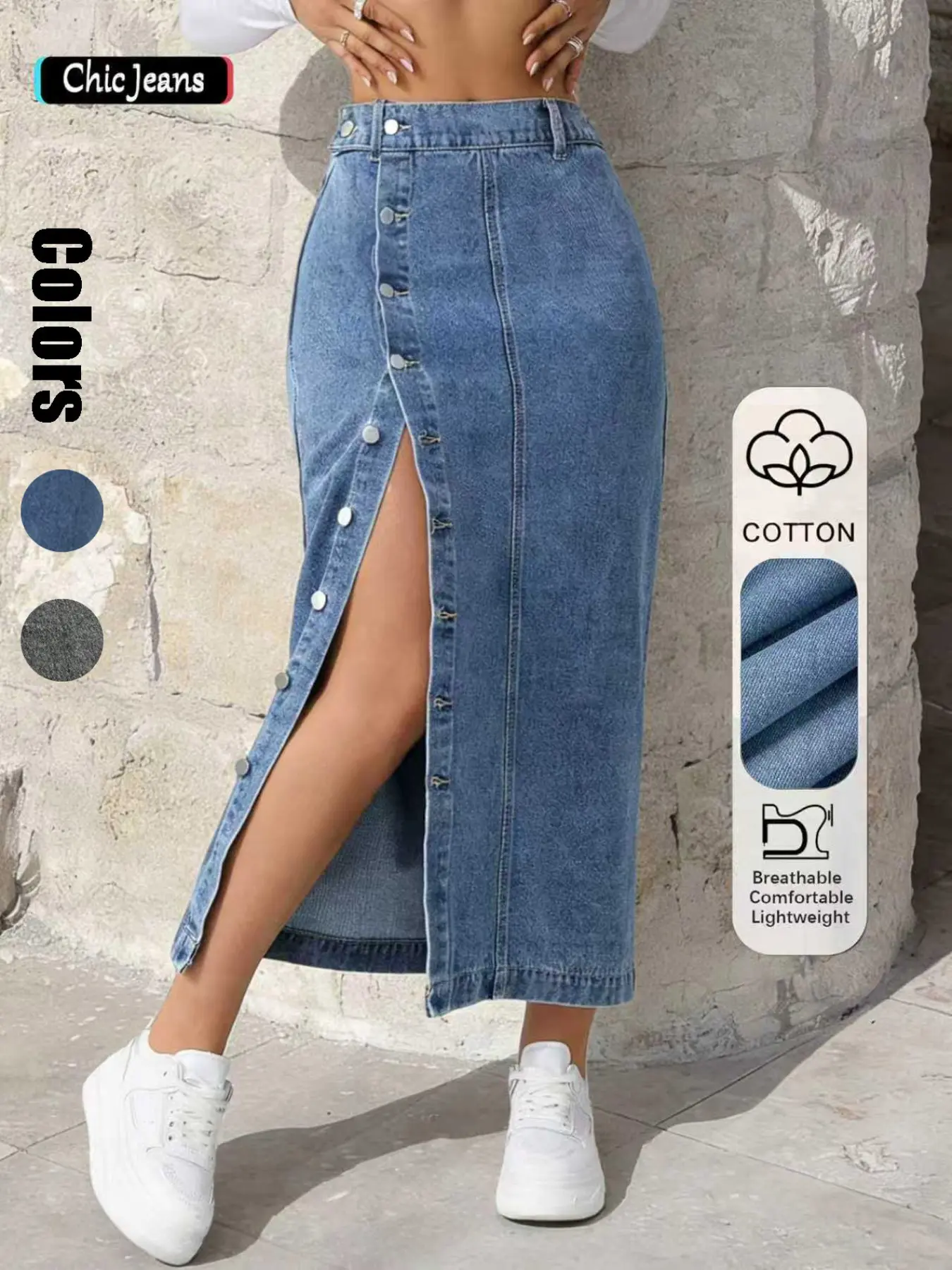 Women's High Waist Denim High Slit Split Button Skirt, Casual Fitted Skirt, Casual Everyday Versatile Fit Half-Length Dress for All Seasons, Comfortable and Stylish, Breathable, Womenswear, Denim Material Skirt, Skirt with Slit
