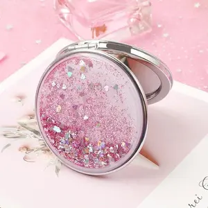 Folding Double-Sided Cosmetic Mirrors for Women Gifts with Flowing Sparkling Sand Mini Makeup Mirror Compact Pocket Mirrors Pink