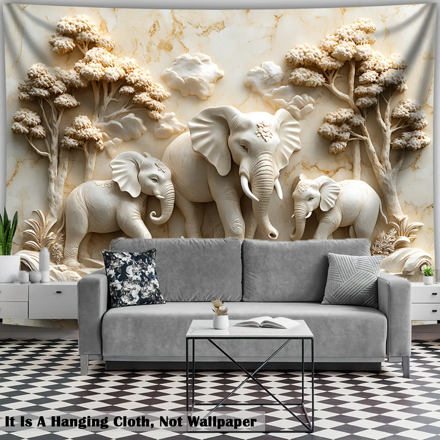 1-Piece Oversized Relief Harmonious Elephant Family 3D Stereoscopic Artistic Tapestry - 3D Wall Panels & Animal and Nature Figures Tapestry, Large-Size Decorative Hanging Cloth with Installation Bag for Living Room, Holiday Gifts, Artistic Tapestry Tapest
