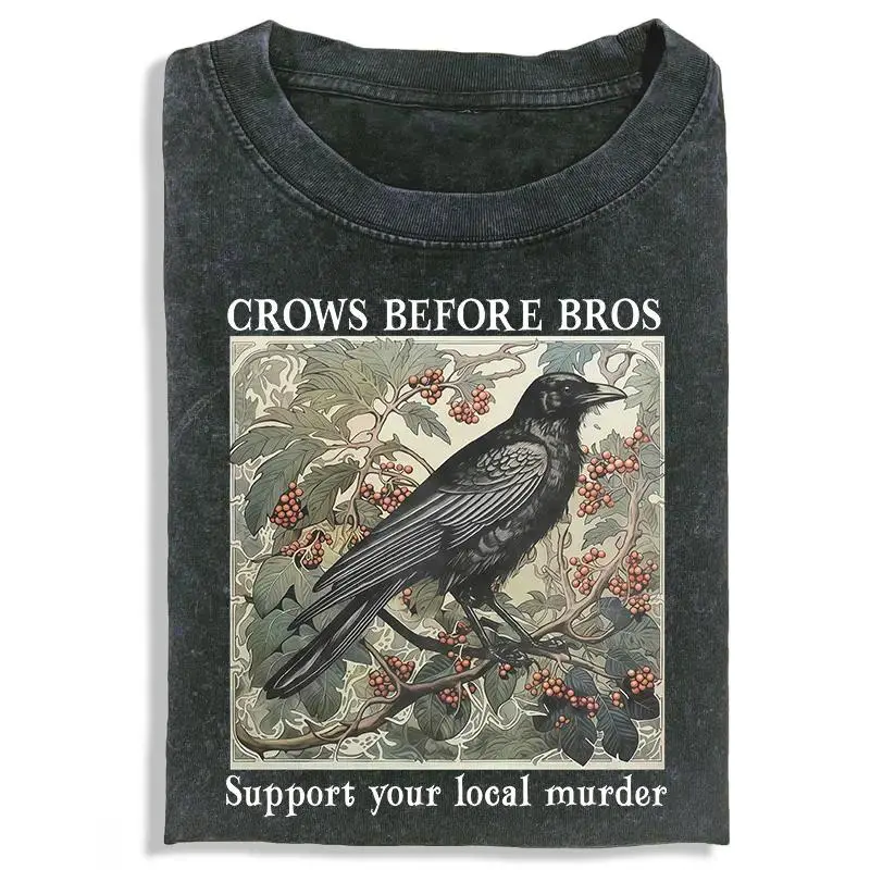 Unisex Vintage Washed "Crows Before Bros" Graphic T-Shirt Art Nouveau Crow Illustration Design Oversized Soft Cotton Short Sleeve Crew Neck Top Gothic Streetwear Tee For Crow Lovers & Dark Academia Fans