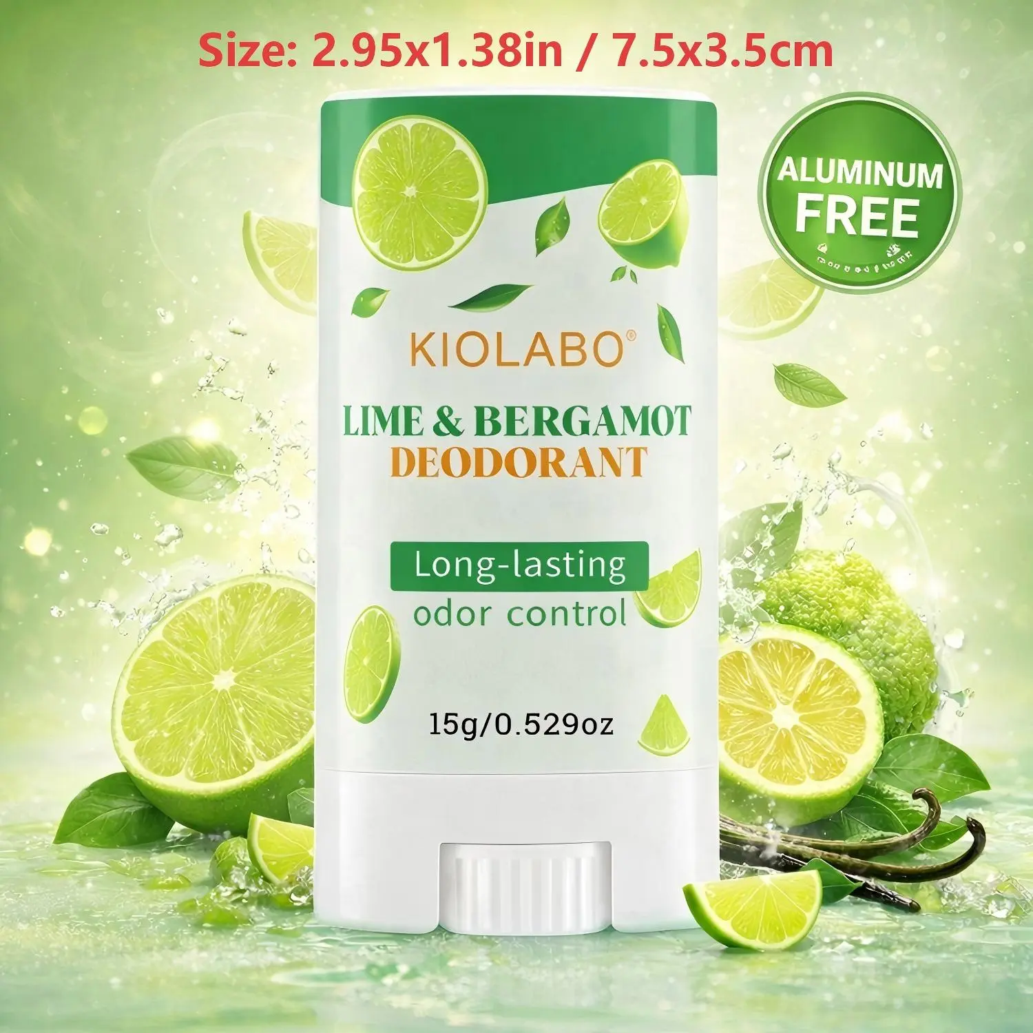 Lime & Bergamot Scented Natural Antiperspirant Deodorant Stick - Body Care, Gentle Daily 24H Aluminum-Free Odor & Sweat Protection, Fresh Citrus Aroma, Travel Size 0.529oz/15g, 2.95x1.38in/7.5x3.5cm
