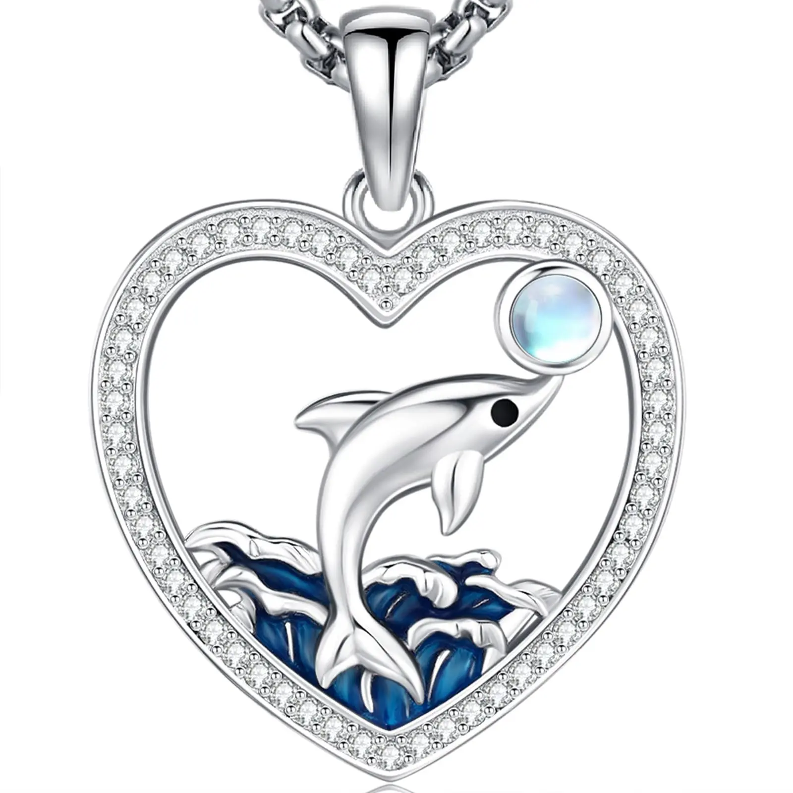 DRINSPER 925 Sterling Silver Dolphin Pendant Accessory Necklace - Nickel-Free Box Chain, Elegant Moonstone & Rhinestone Decor, Shiny Silver Jewelry for Adult Females, Daily Wear, Mother's Day Gift
