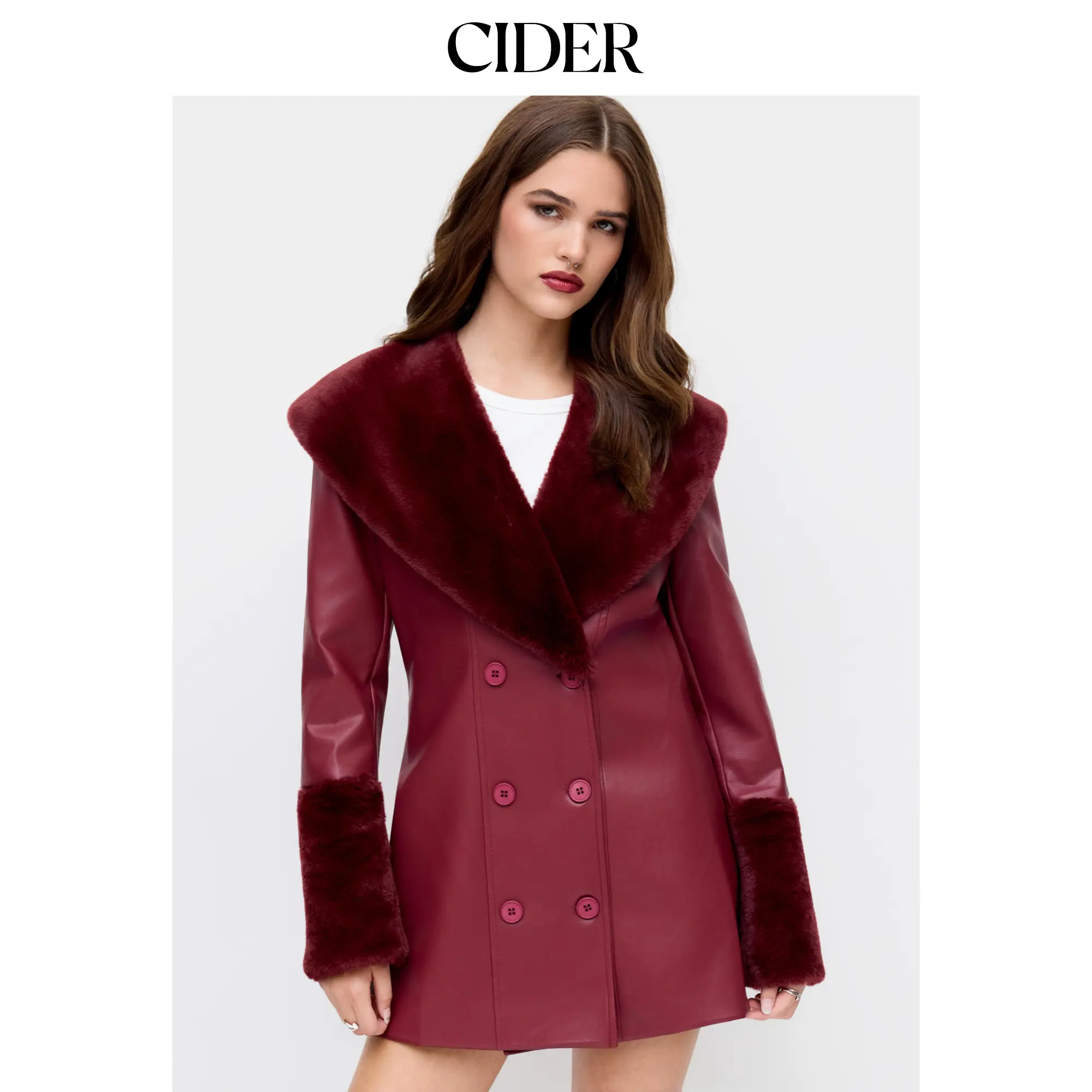 Cider Women's Double Breasted Faux Leather Jacket, Fall Winter Outerwear Coat with Fleece Collar and Cuffs, Tops, Coats, Artificial Leather Women's Fleece Jackets, Leather & Faux Leather