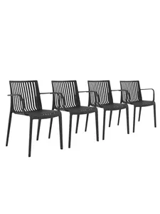 2 212 MAIN 22 in. Black Heavy Duty Plastic Outdoor Stackable Armchair Chairs - Set of 4, Polypropylene Frame, Slat Back Design, Transitional Style