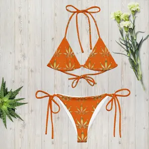 Gold Leaf String Bikini Set – Sexy 420 Festival Swimsuit, Triangle Top Two Piece Swimwear, Couples Matching Baddie Vacation Outfit, Trendy Beachwear for Women 2025
