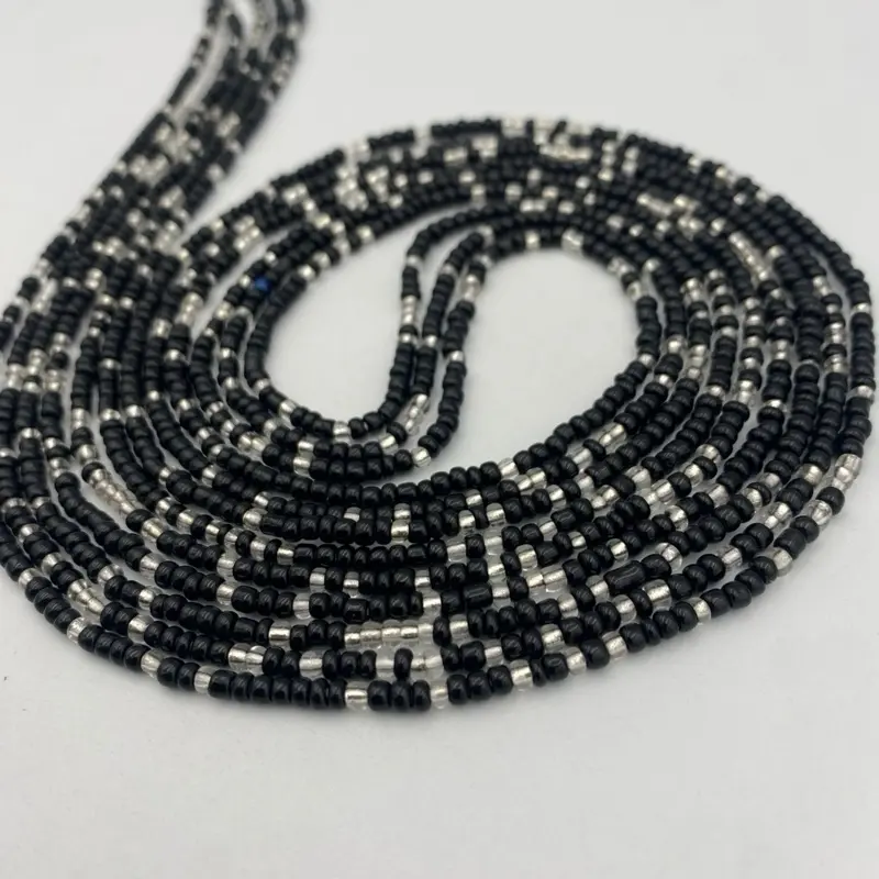 Black & Silver Waist Beads – Tie-On African Waist Beads – Body Jewelry – Plus Size Friendly (45”-50”) – Add to Cart, Buy Now – Price Per Waist Bead