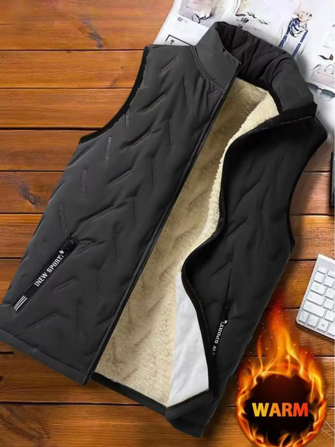 Men's Black Fleece Vest, Casual Fitted Knitted Winter Outerwear with Stand Collar and Zipper Pockets, Knitting, Pocketed