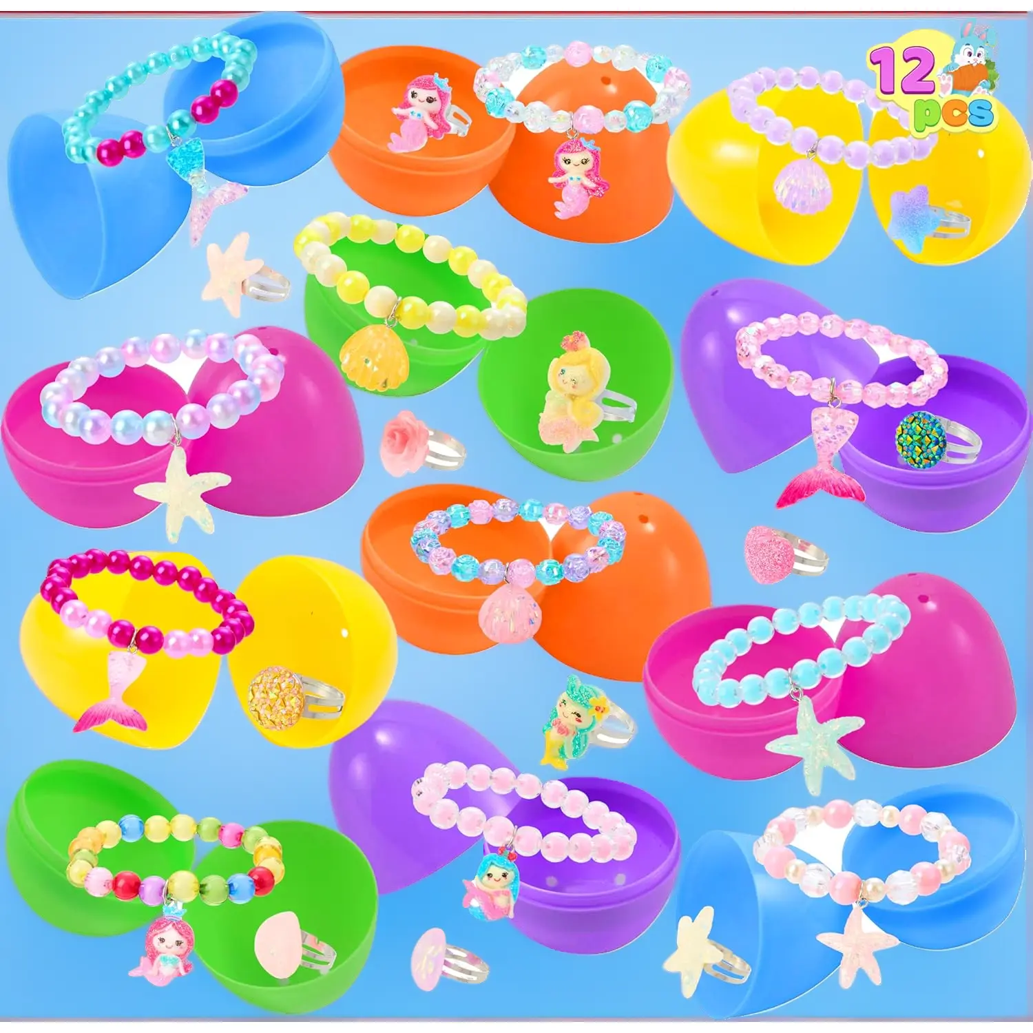 12-Pack Plastic Prefilled Easter Eggs with Colorful Mix Bracelets/Rings, Unisex Phone Charms, Mobile Phone Accessories - Complete Pack Kids' Gifts, Easter Basket Stuffers, Egg Hunt Supplies