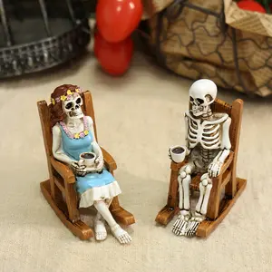 2pcs Skeleton Couple Drinking Coffee Decorative Garden Sculptures Statues, Garden Accessories, Gothic Halloween Home Decor, Antique Art Style Low Bubble Resin Craft
