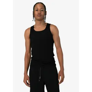 Black Mens Ribbed Tank - Slim Fit Sleeveless Summer Top with No-Show Scoop Neckline & Shape Retaining Stretchy Rib