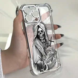 Gothic Rose Skull  Pattern Four Corner Anti-Fall Phone Case Transparent Electroplated Protective Cover for IPhone 17 16 Pro Max 15 Plus 14 13 12 11 E