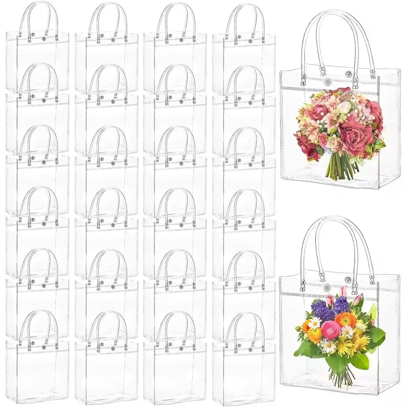 50 Reusable Transparent Plastic PVC Gift Tote Bags with Handles, Waterproof, Odourless, Durable, Easy-to-Clean, Mini Party Bags for Halloween, Christmas Gift Packaging