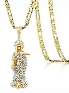 Golden Rhinestone Santa Muerte Necklace - Elegant Single Piece with Sparkling Stones for Special Occasions or Daily Wear