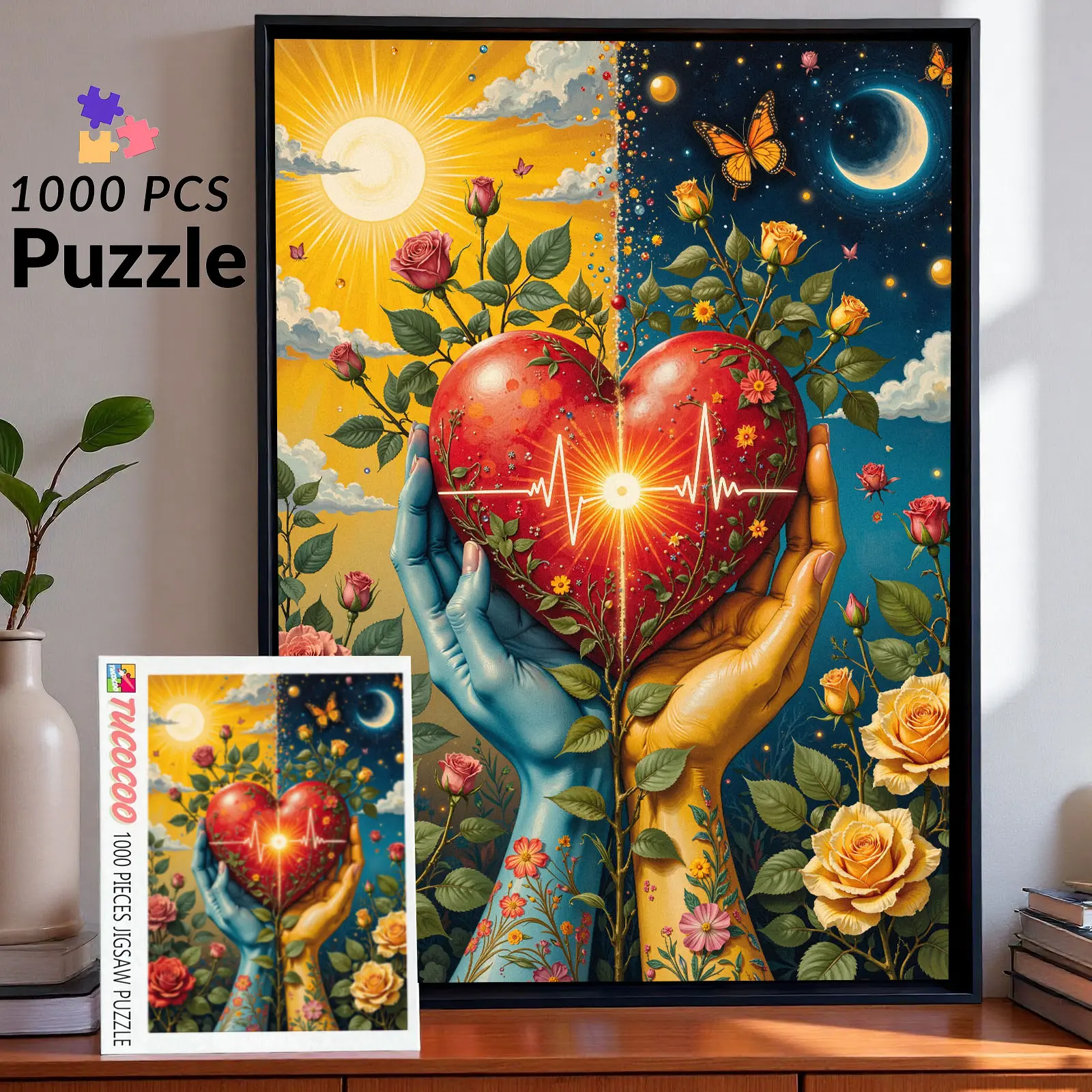 Sun Moon Heart Love Art 1000 Pieces Jigsaw Puzzle, Romantic Floral Hands Holding Heart Day Night Sky Butterfly Design, Relaxing Family Game Stress Relief Brain Challenge, Decorative Wall Art Gift for Adults Couples 27.5x20inch(70x50cm)