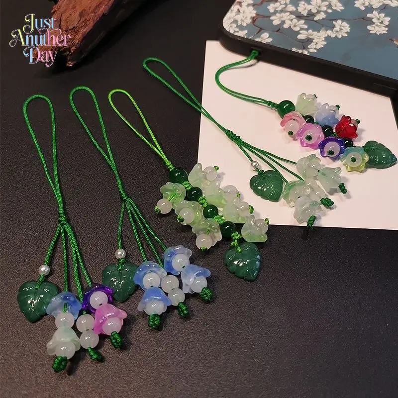 Lucky Bell Orchid Glass Charm, Aesthetic Lily of the Valley Phone & Bag Pendant, Feng Shui Green Flower Accessory for Phones, Bags & Keys