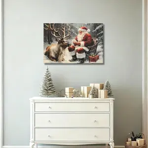 Christmas Canvas Wall Art Featuring Santa Claus and Reindeer, Snowy Winter Forest Holiday Scene Christmas Poster, Festive Christmas Wall Decor for Living Room Bedroom Entryway Home Decoration Prints