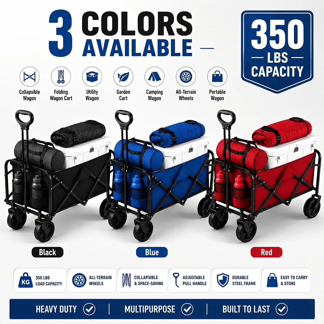 Heavy Duty Collapsible Wagon Cart, 50LBS(Sold Separately)/350 LBS/550LBS Folding Utility Wagon with All-Terrain Wheels, Portable Garden Cart for Shopping, Sports, Farming, Yard Work, Camping, Beach & Grocery