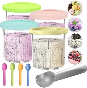 4-Pack Creami Pints and Lids Set - 24 Oz - Compatible with Ninja NC501 & NC500 Series - With Bonus Scoop & Spoons -  Utensils Durable Ice Cream Containers for Smoothies, Ice Cream, and More - Colorful Lids Desserts Kitchen Reusable