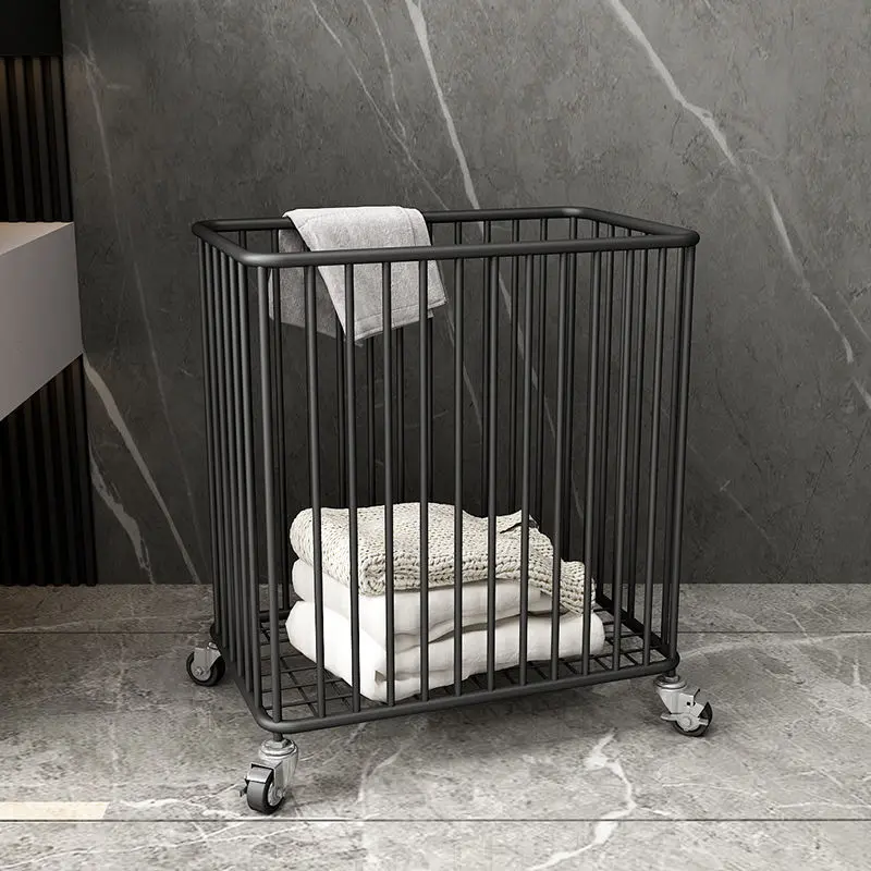 CNCEST Modern Cast Iron Rectangular Laundry Basket Organizer, Single Compartment, 40x25x47 cm Floor-Standing 4-Wheeled Rolling Hollow Design, 15.7in 88lbs High-Capacity Breathable Storage for Bathroom, Easy Room-to-Room Movement