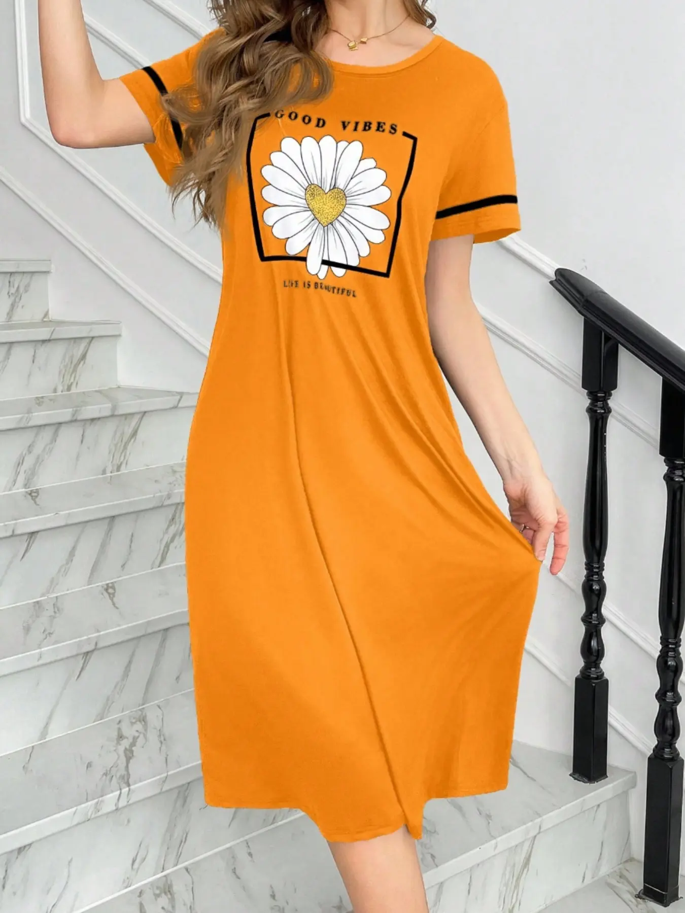 New Women's Daisy Print Floral Plant Sleepwear Loungewear Dress, Casual Elegant Comfortable Short Sleeve Nightgown, Simple Style Ladies Pajama Dress, Sleepwear Nightdress