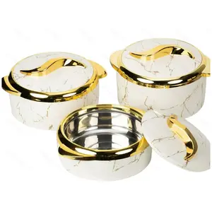 3 pieces/set of modern stainless steel insulated clay pot tableware, with lid, marble pattern, food insulated bowl, buffet bowl, both cold and hot can be kept for several hours.