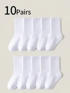 10 Pairs Kids Boys Crew Socks, Casual Plain Mid-Calf Socks, Comfortable Soft All Season Athletic Sports Socks, Sweat-Wicking Breathable Daily Wear