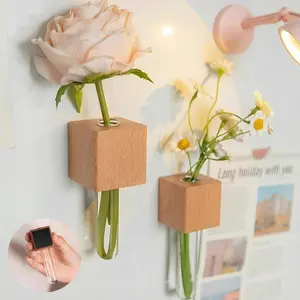KOMOX Mini Vase Magnets for Fridge,3D Magnetic Wooden Wall Vase Holders with Test Tube, Magnetic Attachment Hard no Falling, Modern Home，for Kitchen, Refrigerator, Bedroom, Storage, Office Decorations