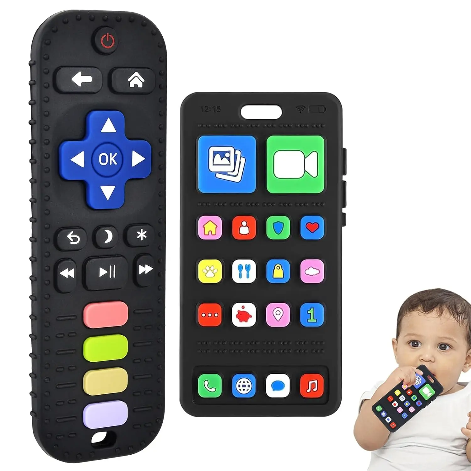Baby Silicone Teething Toys, Phone and Remote Teether Toys for Toddlers 3-18 Months, Boys Girls Babies Teething Toy, Baby Chew Toy, Freezer BPA Free