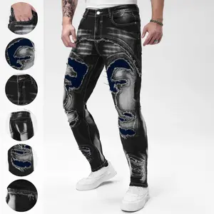 Men's Unique Ripped Patchwork Slim Jeans, Trendy Heavily Distressed Denim Pants for Street Style & Daily Fashion