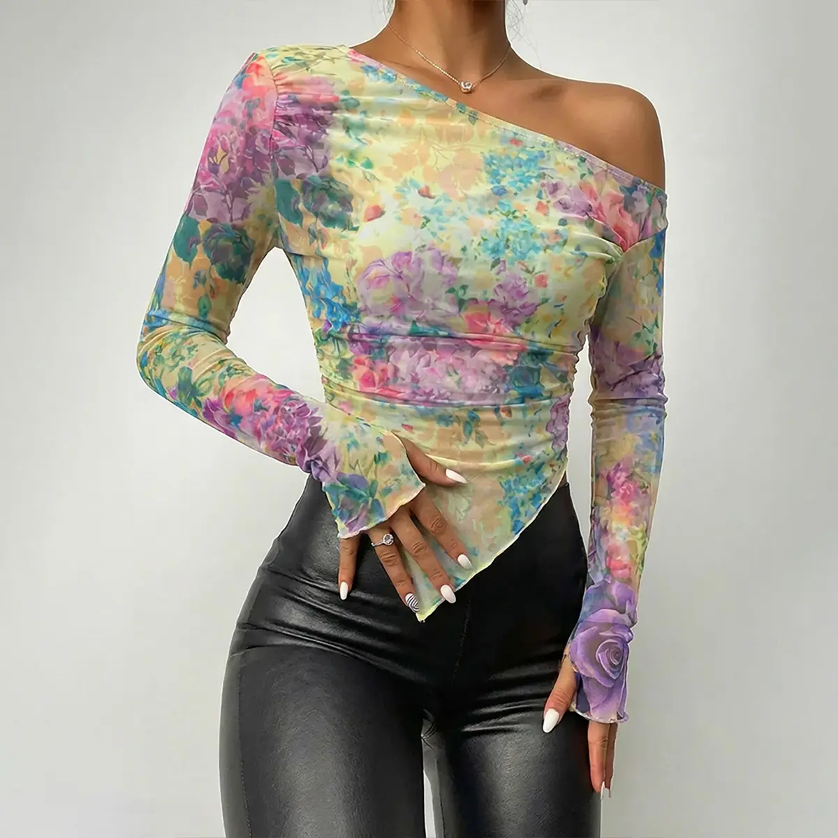 CHICME Women's Tie Dye Floral Print Skew Neck Long Sleeve Asymmetrical Hem Tee Slim Fit Side Ruched Sheer Mesh Top with Thumb Hole Cuffs & Lining
